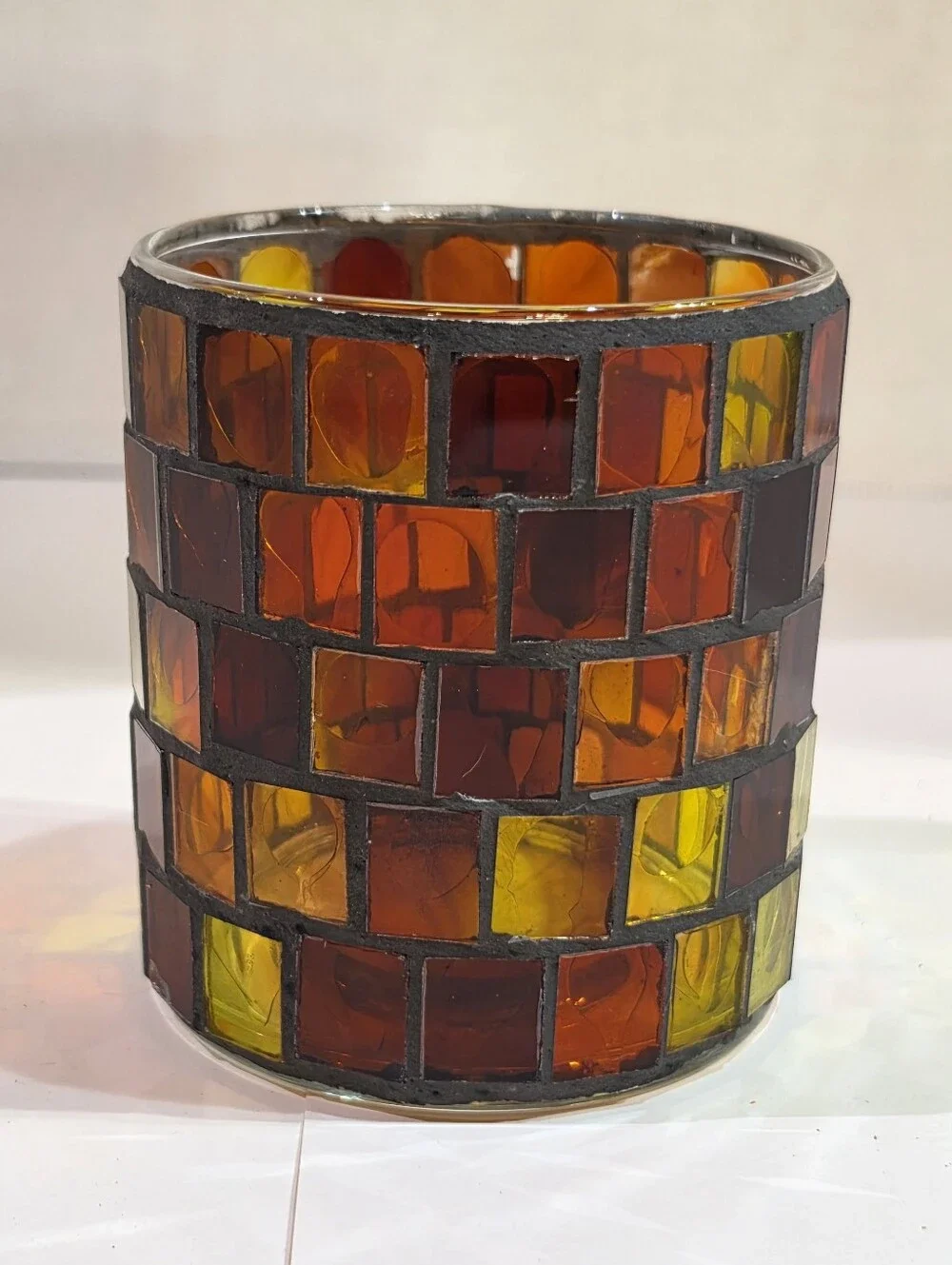 Handmade Mosaic Glass Candle Holder Votive Lantern Autumn Amber Orange Red Boho